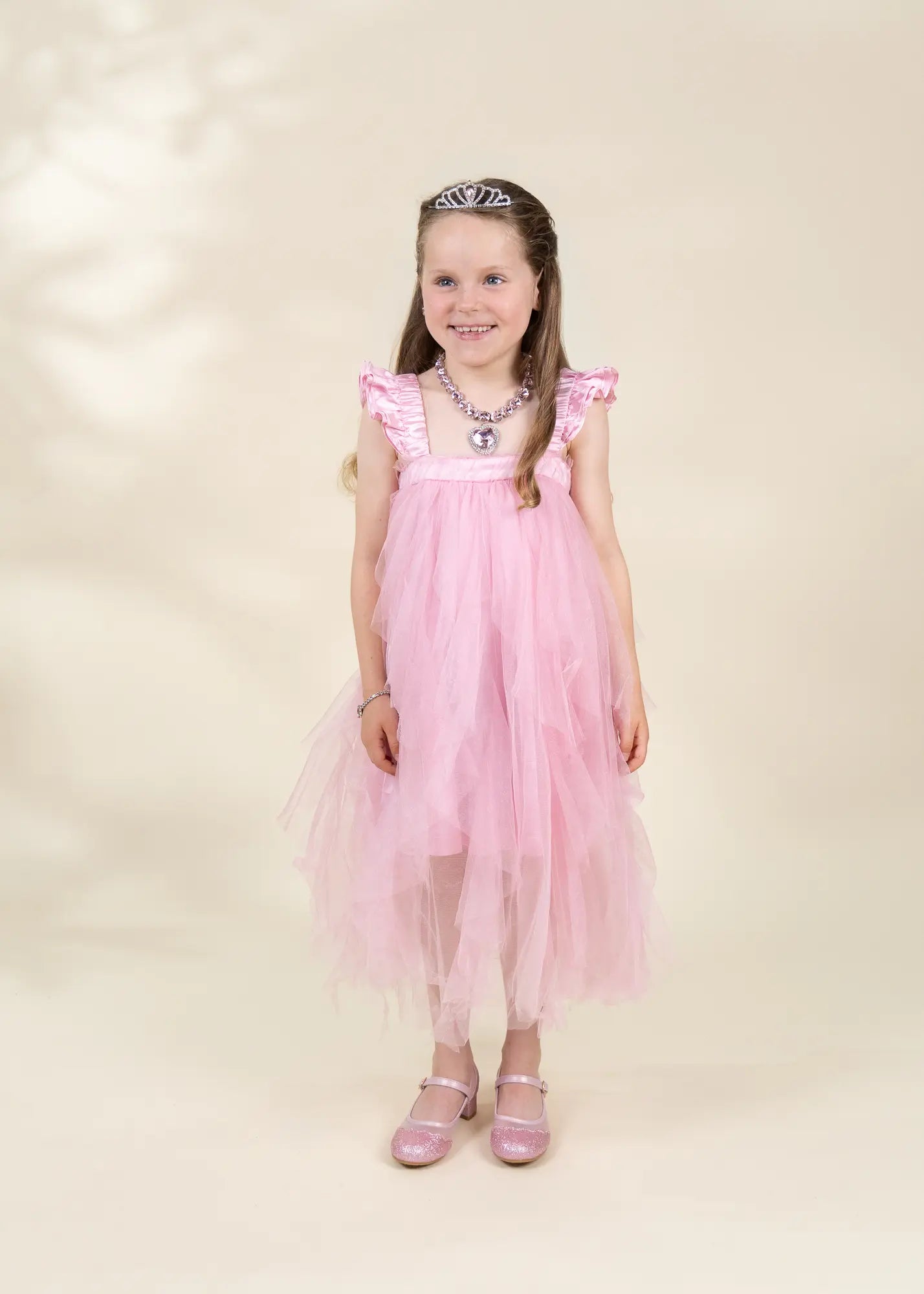 Costume robe de princesse à volants rose avec couronne 
