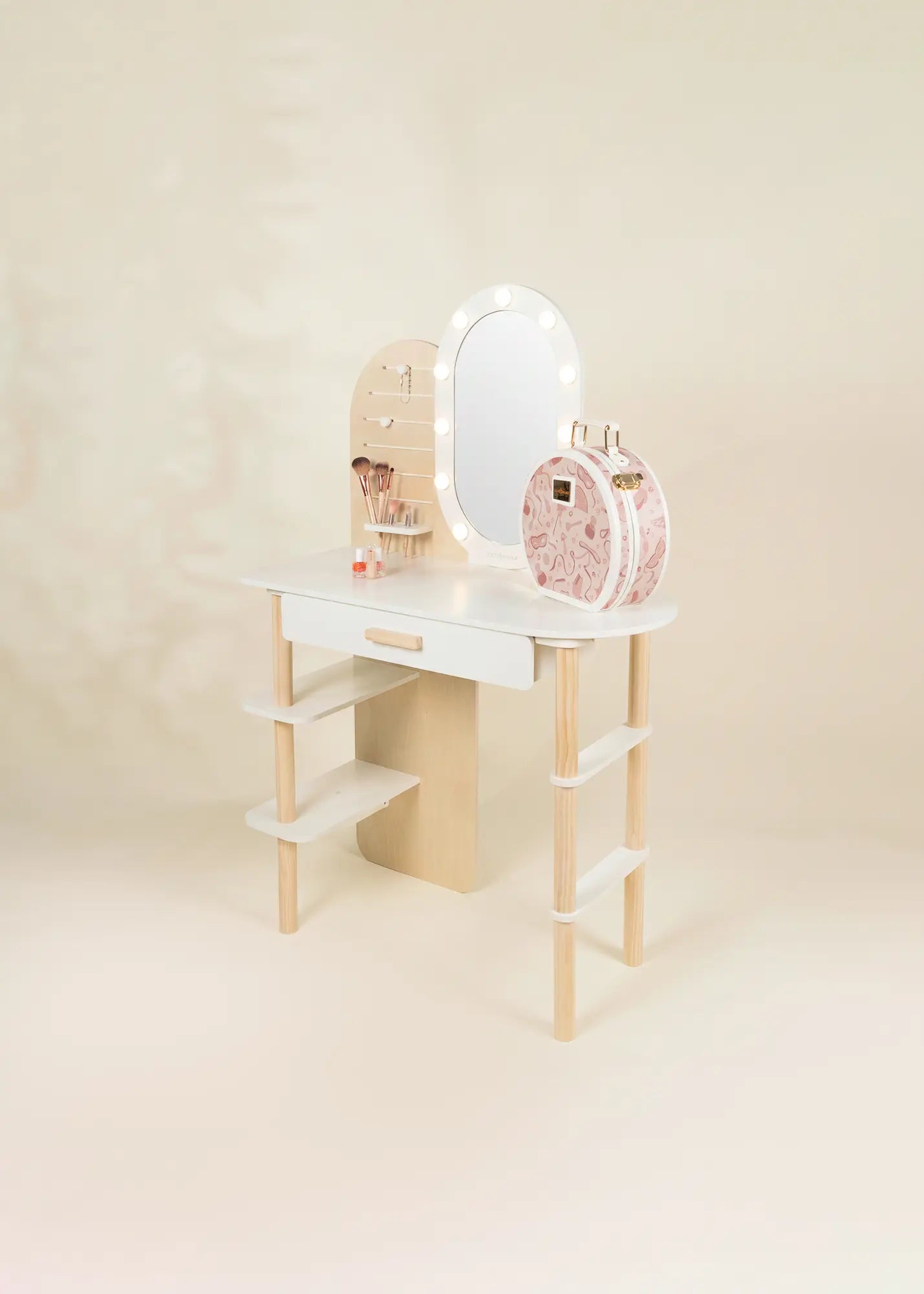 Large Wooden Vanity Station Lighted Mirror & Shelves