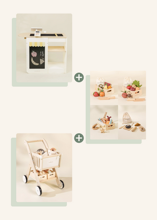 Wooden Play Cash Register Counter, Shopping Cart & 4 Food Sets Bundle