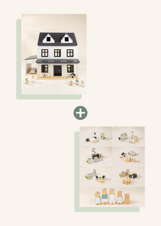 Wooden Doll House, 6 Rooms Fourniture & Family Characters Bundle