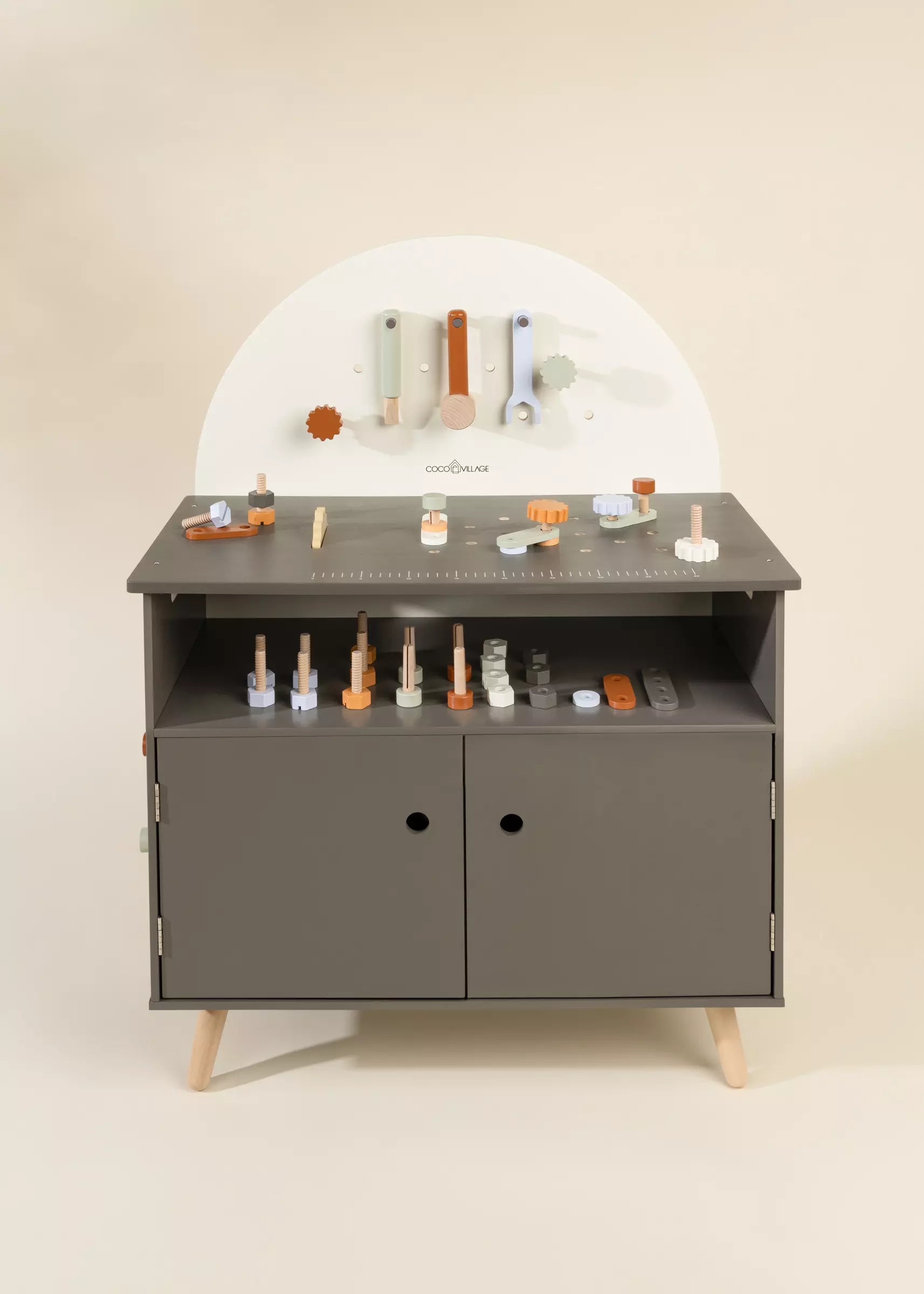 Image of Pretend Play- Workbench Playset with Multicolored Tools - Wood - Grey and White - Hammer - Wrench - Screwdriver - Midcentury - Minimalist - Coco Village