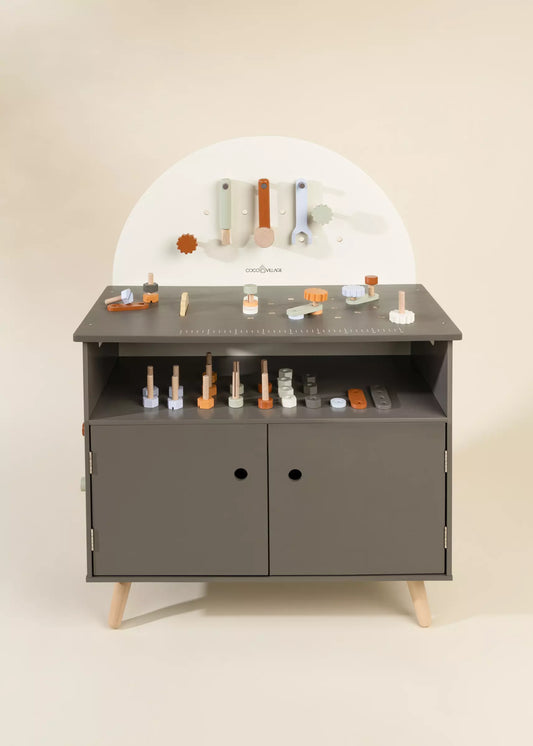 Pretend Play- Workbench Playset with Multicolored Tools - Wood - Grey and White - Hammer - Wrench - Screwdriver - Midcentury - Minimalist - Coco Village