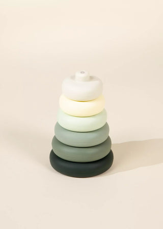 Six Silicone Stackable Rings - Baby Toys - Green and White - Safe - Bath Toys - Chewable - Safe Play - Coco Village