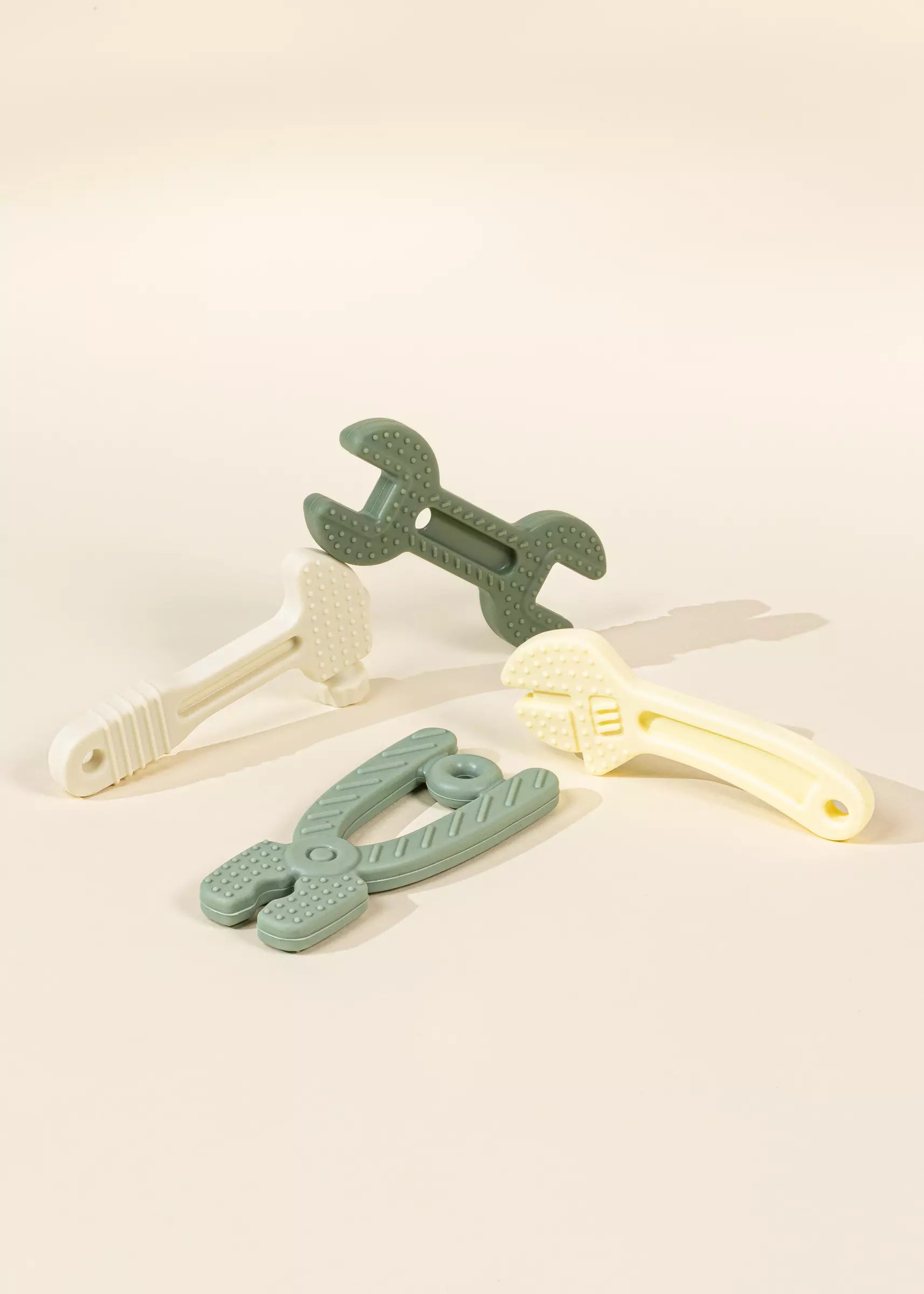 Image of Set of four Silicone Tools - Baby's first toy - Green and White - Textured - Coco Village