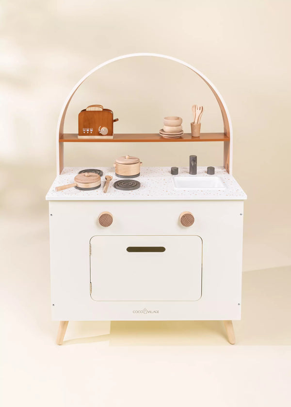 Wooden Kitchen - Orange, Light Green and White - Pretend Play - Oven - Fausset - Toddler Play - Coco Village