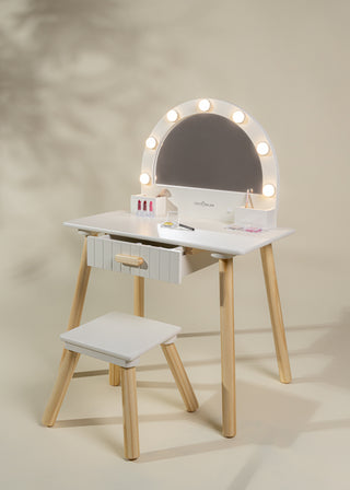 Coiffeuse en bois avec miroir éclairé et tabouret