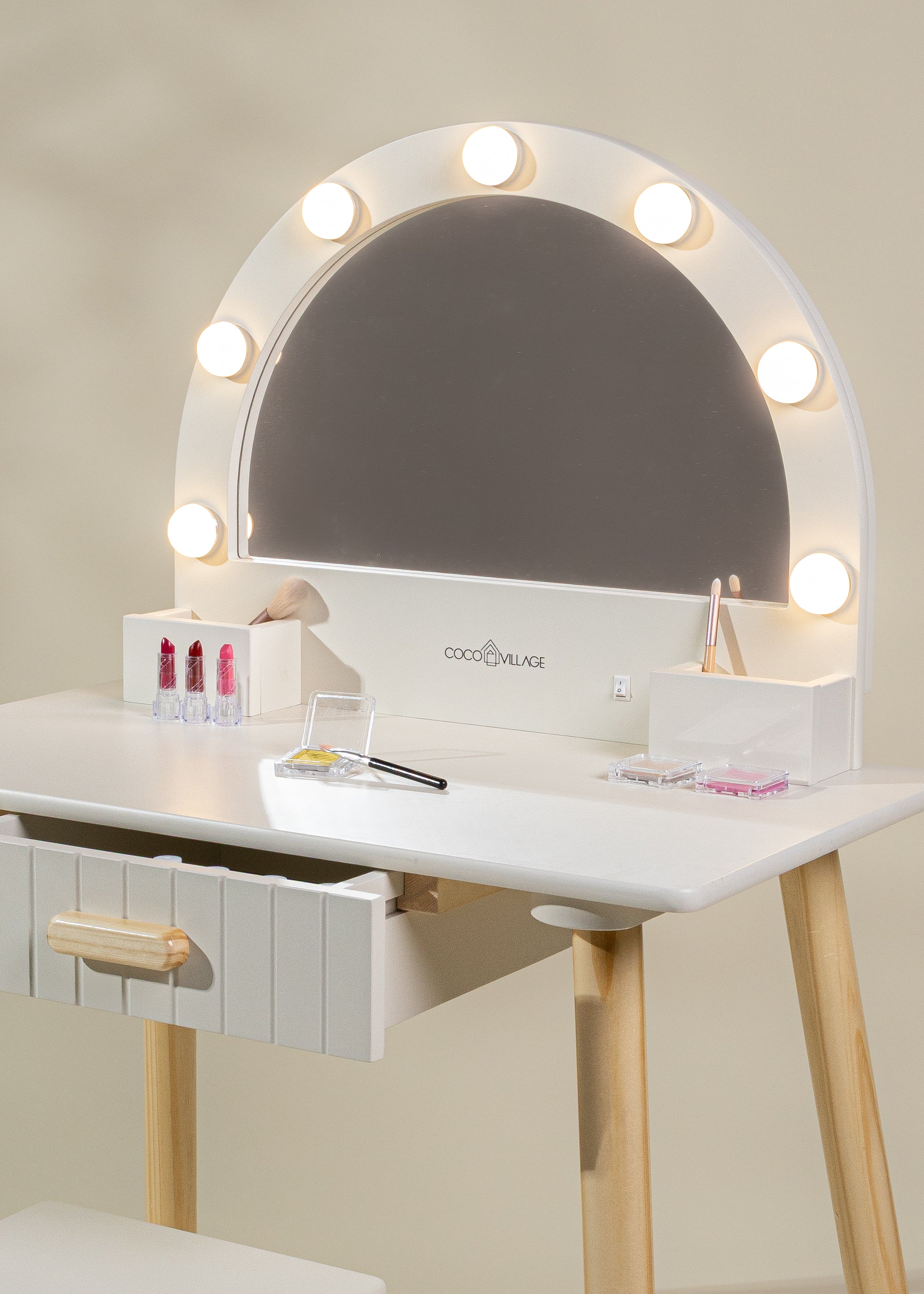 Image of Wooden Play Vanity with Lighted Mirror & Stool