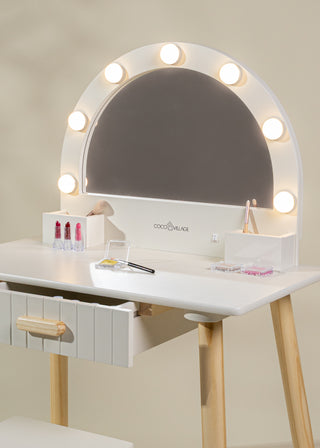 Coiffeuse en bois avec miroir éclairé et tabouret