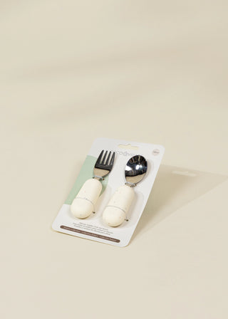 Ensemble fourchette et cuillère pour enfant en silicone – Collection Pottery 