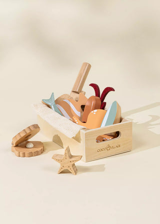 Ensemble de jeu de fruits de mer en bois