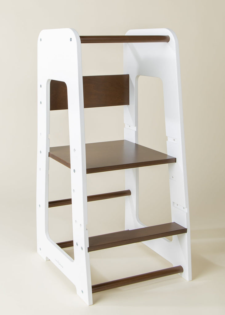 Educational Tower - Learning Tower - White and Walnut - Adjustable steps - Furniture - Coco Village
