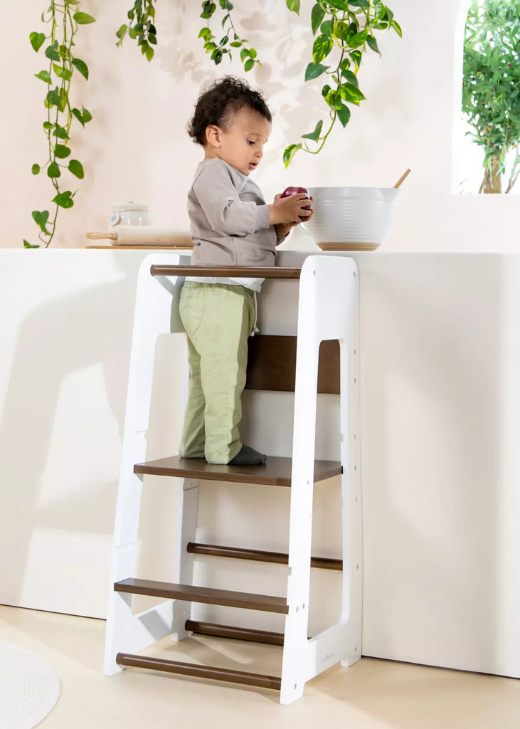 Educational Tower - Learning Tower - Walnut and White - Adjustable steps - Furniture - Coco Village