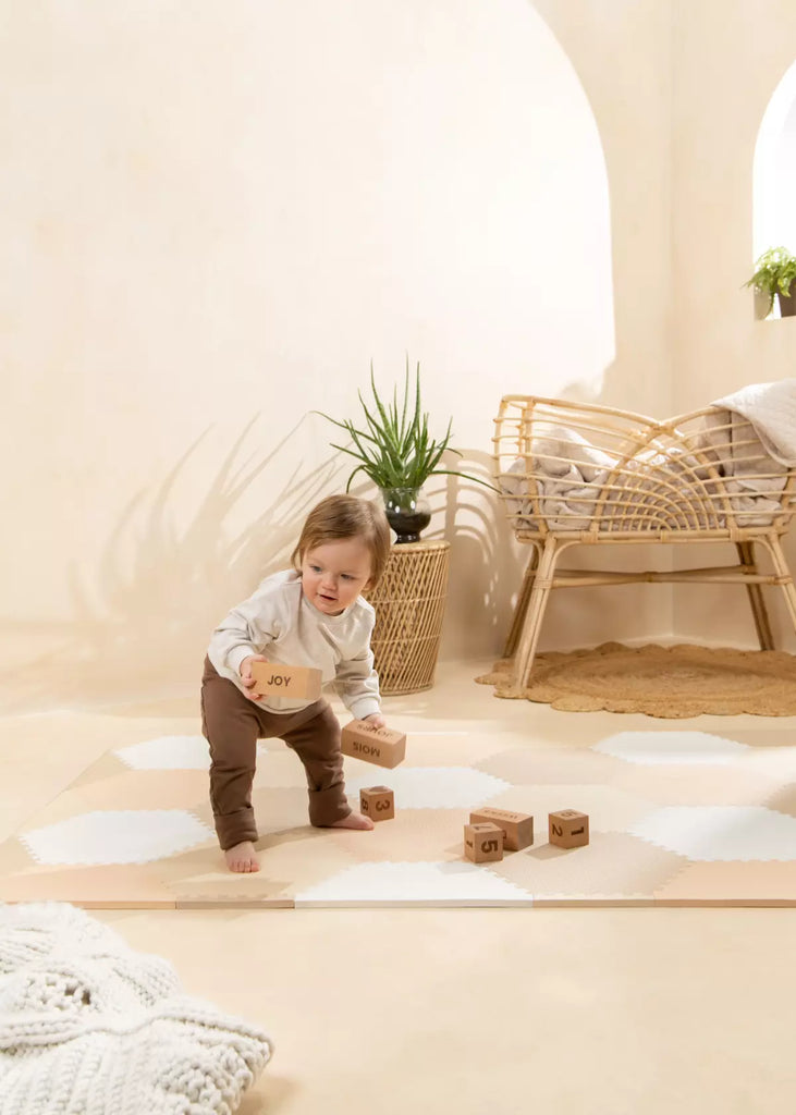Foam Hexagon Play Mat for Babies - Beige, Brown, Pink and White - Soft Puzzle - Coco Village