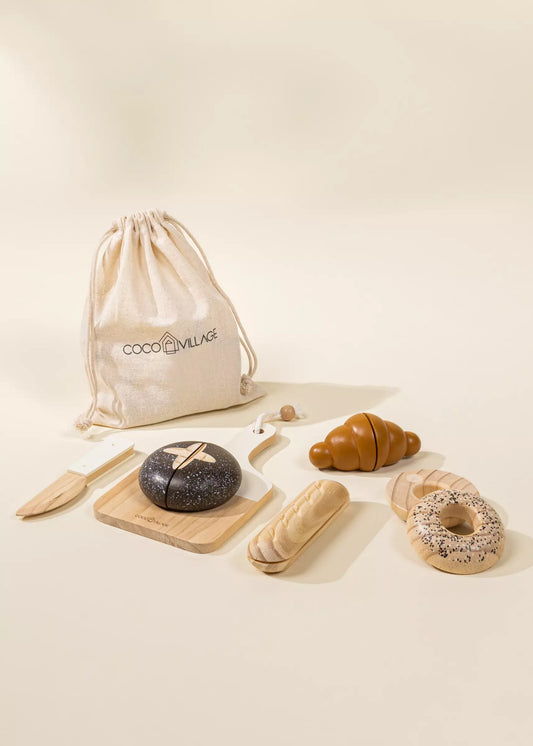 Pretend Play - Bakery Kit - With Bag - Baguette - Loaf - Bagel - Croissant - Cutting Board - Natural, Walnut, White and Orange - Coco Village