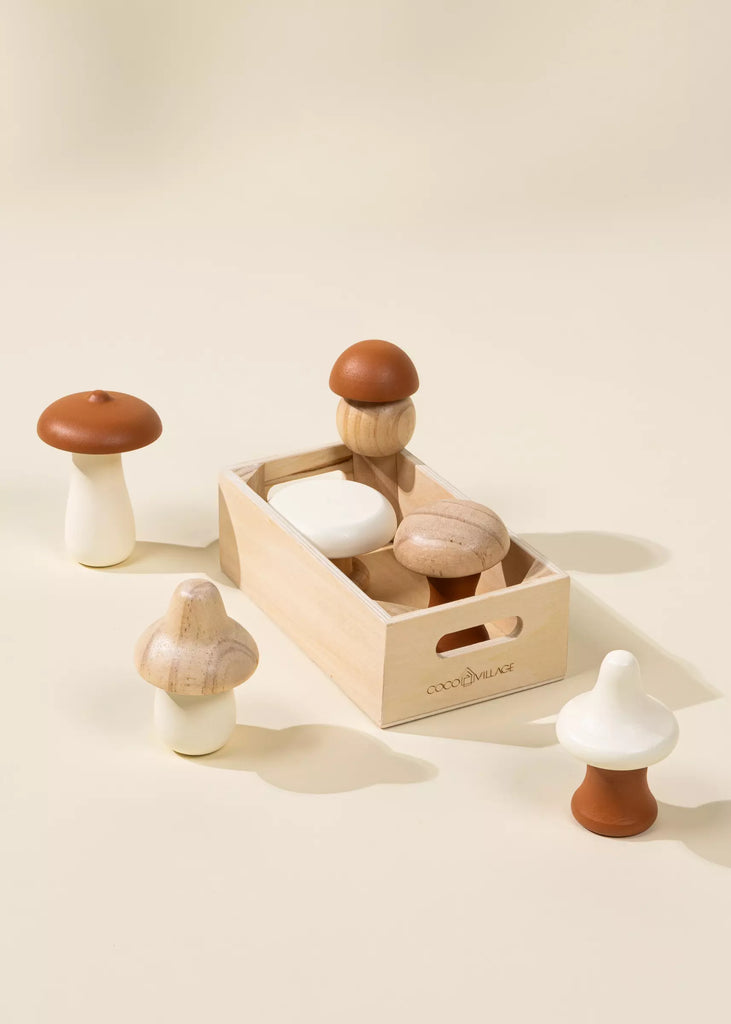 Pretend Play - Mushroom Kit - Six - Twelve pieces - Natural, White and Orange - Coco Village