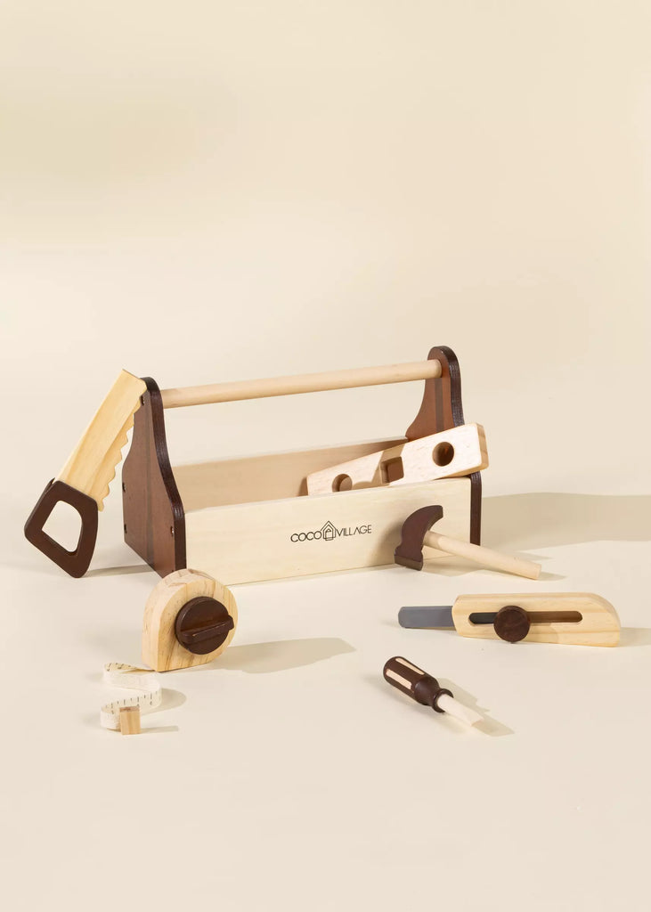 Pretend Play Tools Kit - Toddler Play - Wooden Toys - Natural Wood and Walnut - Coco Village