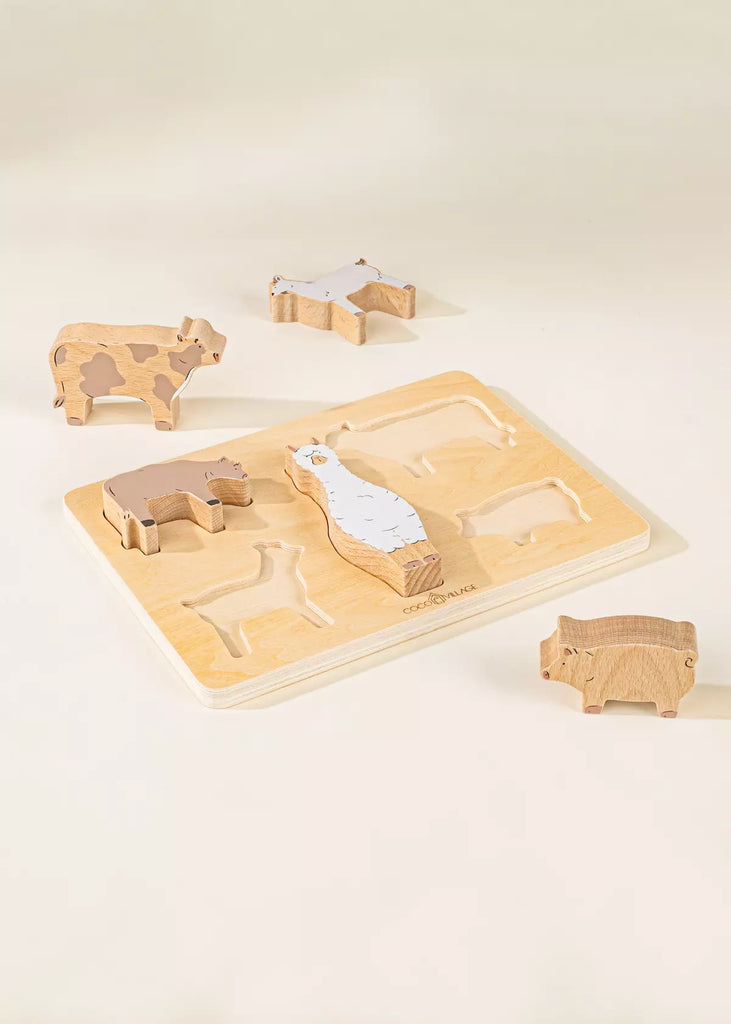 Set of Five Wooden Barn Animals on Wooden Plate - Coco Village