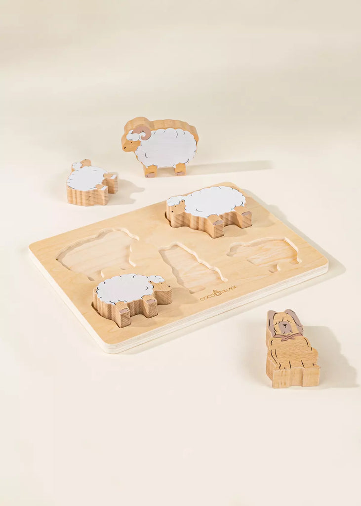 Set of Five Wooden Sheperd Animals on Wooden Plate - Coco Village