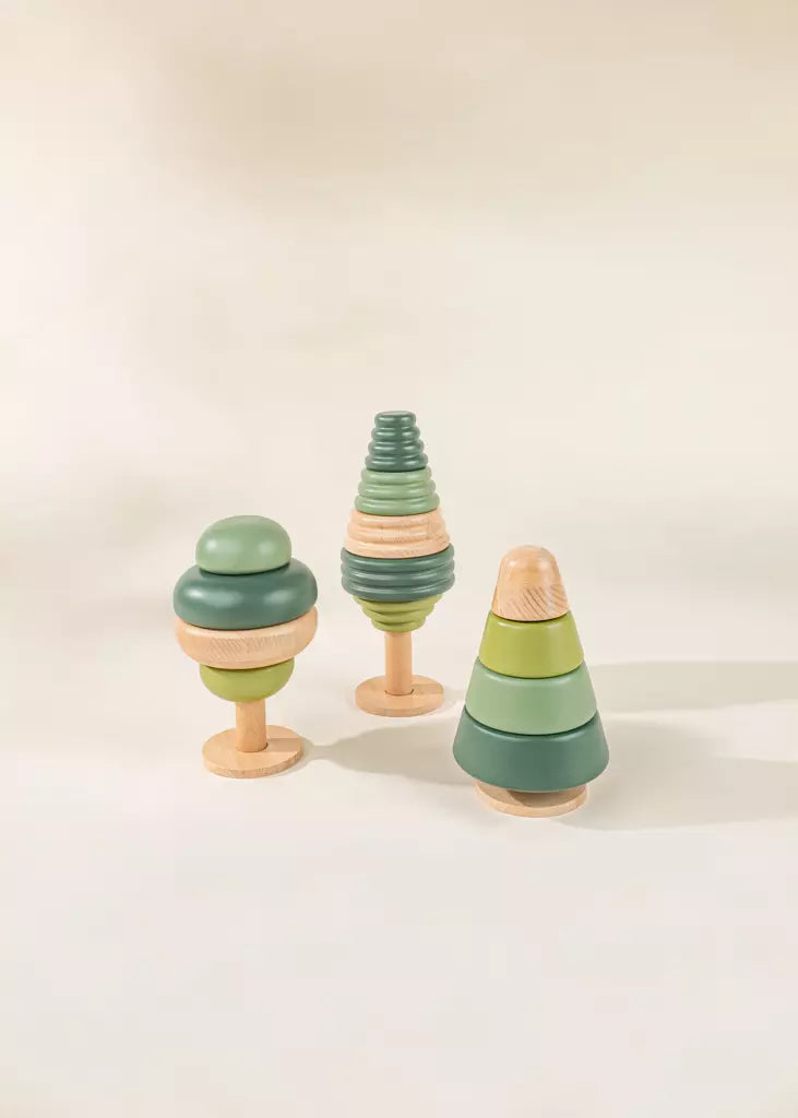 Set of three Wooden Stackable Trees - Seafoam and Natural Wood - Coco Village