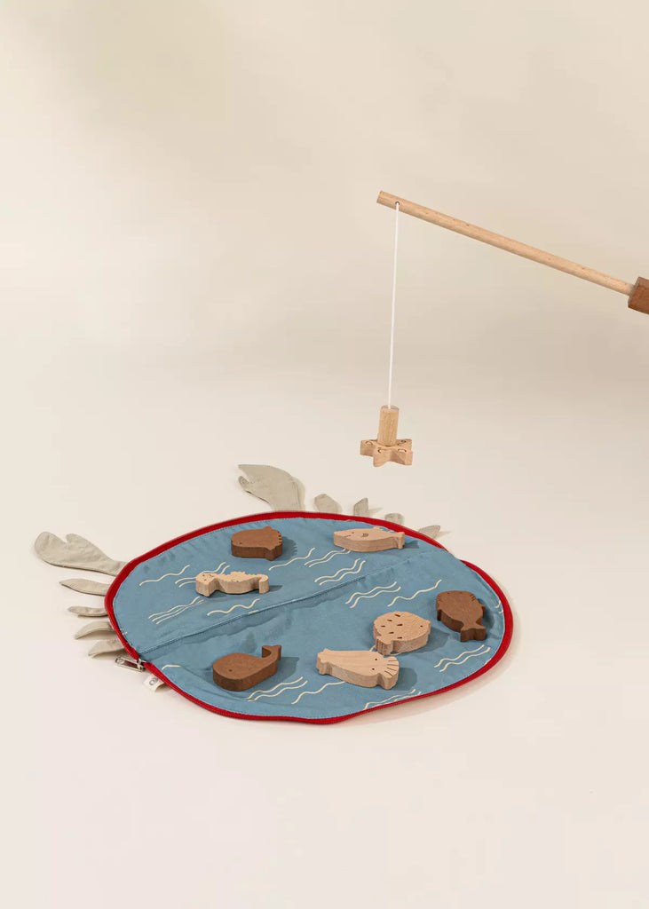 Wooden Fishing Game With Bag - Shark - Fish - Seahorse - Whale - Octopus - Pufferfish - Fishing Rod - Coco Village